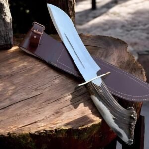 Custom 16″ D2 Tool Steel Bowie Knife – Classic Hunting Knife with Genuine Antler Handle & Brass Guard