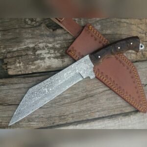 Handmade 15″ Damascus Steel Viking Seax Knife – Custom Broken Back Seax with Authentic Ram Horn Handle
