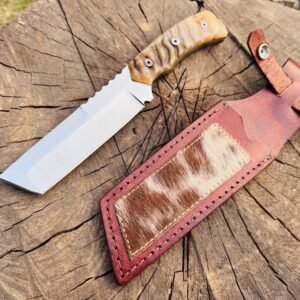 Handmade 11″ High Carbon Steel Tactical Tanto Knife – Full Tang Tracker Blade with Natural Ram Horn Handle
