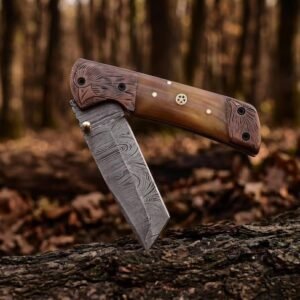 Handmade 7.5″ Damascus Steel Folding Tanto Pocket Knife with Camel Bone & Copper Handle