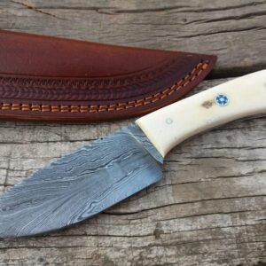 Handmade 9″ Damascus Steel Skinner Knife – Custom Hunting Knife with Premium Camel Bone Handle