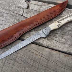 Handmade 15″ Damascus Steel Fillet Knife – Premium Fishing & Kitchen Carving Knife with Authentic Antler Handle
