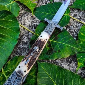 Handmade 11″ High Carbon Steel Switchblade – Custom Engraved Automatic Knife with Swing Guard & Antler Skull Handle