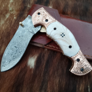 6.5″ Premium Damascus Steel Kukri Folding Knife, Engraved Copper Bolster & Resin Handle, Included Leather Sheath
