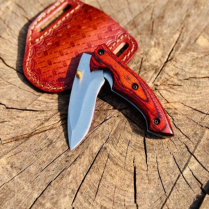 7.5″ Premium D2 Steel Folding Knife, Rosewood Handle, Leather Sheath Included