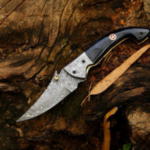 6.5″ Premium Damascus Steel Folding Knife, Buffalo Horn Handle & Damascus Bolster, Included Leather Sheath