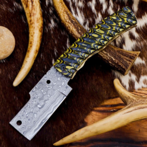 6.5″ Premium Damascus Steel Folding Knife, Vibrant Resin Handle, Included Leather Sheath