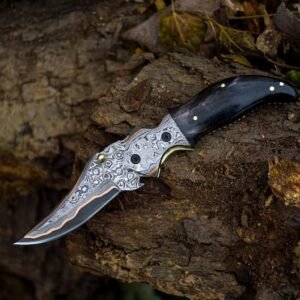 Handmade 6.5″ Copper Damascus Folding Pocket Knife – Custom Locking Blade with Buffalo Horn Handle & Damascus Bolsters