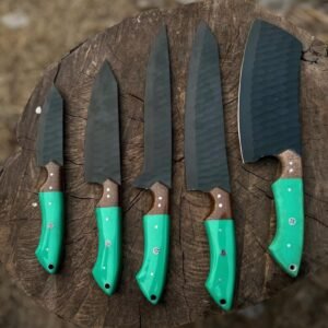 Handmade 5-Piece Stainless Steel Kitchen Knife Set – Tactical Matte Black Culinary Set with Green Resin & Wood Hybrid Handles