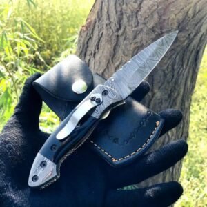 Handmade 6.5″ Damascus Steel Folding Pocket Knife – Custom EDC Blade with Buffalo Horn Handle, Damascus Bolsters & Pocket Clip