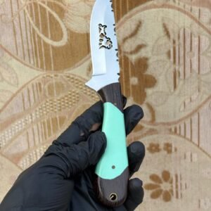 Handmade 8.5″ D2 Steel Skinner Knife – Custom Fixed Blade with Mint Green Resin & Rosewood Hybrid Handle