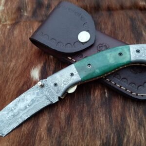 Handmade 7.5″ Damascus Steel Folding Pocket Knife – Custom Tanto EDC Blade with Green Colored Bone Handle & Damascus Bolsters