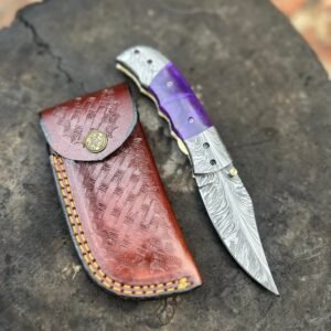 Handmade 7.5″ Damascus Steel Folding Pocket Knife – Custom Clip Point EDC Blade with Purple Pearlescent Resin Handle & Damascus Bolsters
