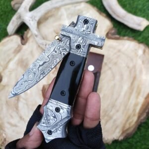 Handmade 8.5″ Damascus Steel Folding Pocket Knife – Custom Swing Guard EDC Lockback with Buffalo Horn Handle & Damascus Bolsters