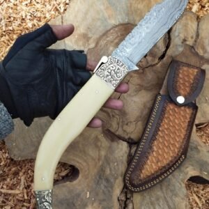 Handmade 19″ Damascus Steel Rampuri Folder – Custom Oversized Folding Knife with Hand-Engraved Brass Bolster & Butt, Premium Camel Bone Handle