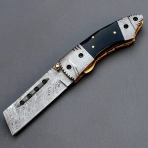 Handmade 6″ Damascus Steel Folding Pocket Knife – Custom Tanto EDC Blade with Buffalo Horn Handle & Double Damascus Bolsters