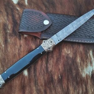 Handmade 13″ Damascus Steel Switchblade Knife – Custom Oversized Italian Style Automatic Folder with Engraved Brass Bolsters & Buffalo Horn Handle
