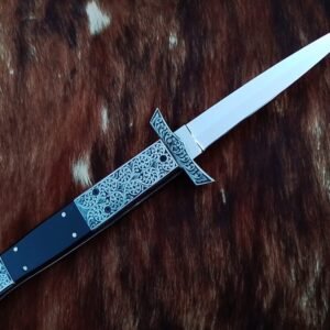 Handmade 11″ Stainless Steel Switchblade Knife – Custom Automatic Italian Style Swing Guard Folder with Hand-Engraved Handle & Buffalo Horn