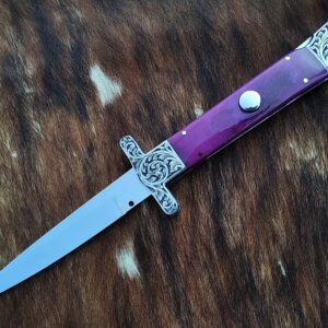 Handmade 11″ Stainless Steel Switchblade Knife – Custom Automatic Italian Style Folder with Hand-Engraved Guard & Butt, Purple Colored Bone Handle
