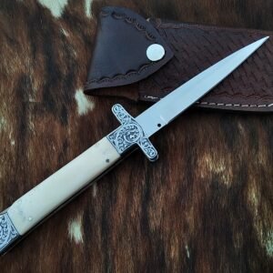 Handmade 11″ Stainless Steel Switchblade Knife – Custom Automatic Italian Style Folder with Hand-Engraved Guard & Butt, Natural Bone Handle