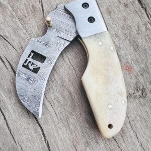 Handmade 7.5″ Damascus Steel Lineman Folding Knife – Custom Hawkbill Pocket Knife with Stainless Steel Bolster & Natural Bone Handle