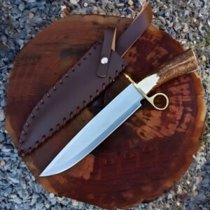 Handmade 15″ Stainless Steel Bowie Knife – Custom Heavy-Duty Hunting Blade with Authentic Antler Handle & Unique Brass Ring Guard