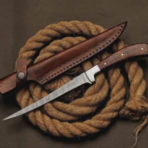 Handmade 15″ Damascus Steel Fillet Knife – Custom 10″ Flexible Fish Filleting & Boning Knife with Stainless Steel Bolster & Rosewood Handle