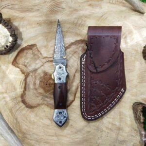 Handmade 8″ Damascus Steel Folding Knife – Custom Stiletto-Style Pocket Folder with Hand-Engraved Stainless Steel Bolsters & Rosewood Handle