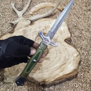 Handmade 13″ Raindrop Damascus Steel Switchblade Knife – Custom Automatic Stiletto Folder with Olive Green Micarta Handle & Solid Hardware