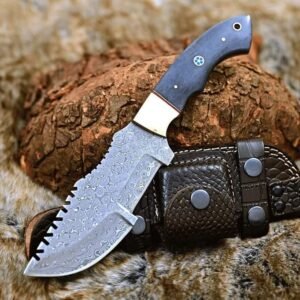 Handmade 9″ Raindrop Damascus Steel Tracker Knife – Custom Survival Fixed Blade with Buffalo Horn Handle, Brass Bolster & Premium Leather Sheath