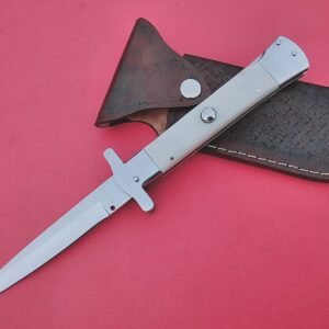 Handmade 11″ Stainless Steel Switchblade Knife – Custom Automatic Italian Style Folder with Polished Stainless Steel Guard, Butt & Natural Bone Handle