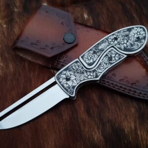 Handmade 8.5″ Stainless Steel Folding Knife – Custom Lockback Pocket Knife with Deeply Hand-Engraved Floral Stainless Steel Handle