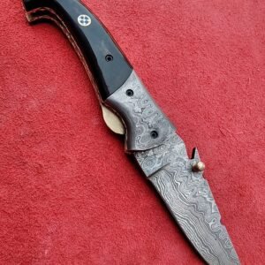 Handmade 7.5″ Damascus Steel Folding Knife – Custom Tactical Liner Lock Folder with Wave Damascus Blade, Bolsters & Buffalo Horn Handle