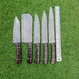 Handmade 5-Piece Raindrop Damascus Steel Kitchen Knife Set – Luxury Full-Tang Culinary Set with Ergonomic Dark Pakkawood Handles & Brass Mosaic Pins