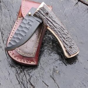 Handmade 7.5″ Stainless Steel Folding Knife – Custom Lockback Pocket Knife with Natural Stag Antler Handle, Black Scalloped Blade Finish, and Hand-Stitched Leather Sheath
