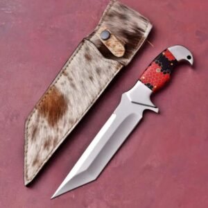 Handmade 10.5″ Stainless Steel Tanto Knife – Custom Tactical Fixed Blade with Red & Black Honeycomb Resin Handle, Steel Guard & Pommel, and Cowhide Sheath