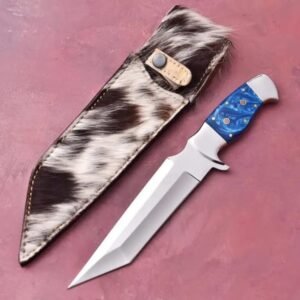 Handmade 10.5″ Stainless Steel Tanto Knife – Custom Tactical Fixed Blade with Blue Cosmic Swirl Resin Handle, Polished Steel Guard & Pommel, and Cowhide Sheath