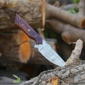 Handmade 9″ Damascus Steel Skinner Knife – Custom Fixed Blade Hunting Knife with Ergonomic Walnut Wood Handle, Full-Tang Construction, and Premium Leather Sheath