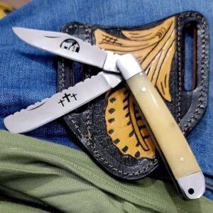 Handmade 8.5″ Stainless Steel Trapper Knife – Custom 2-Blade Folding Pocket Knife with Smooth Bone Handle, Religious Custom Cut-Out Blades, and Tooled Leather Sheath