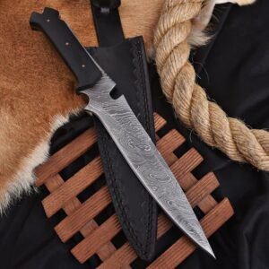 Handmade 13″ Damascus Steel “Resident Evil” Inspired Combat Knife – Custom Tactical Survival Knife with Black Micarta Handle, Spine Notch, Glass-Breaker Pommel, and Premium Black Leather Sheath