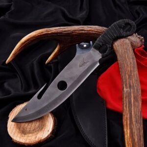 Handmade 13″ Damascus Steel “Destiny 2” Hunter Knife – Custom Tactical Bowie Knife with Black Leather Wrapped Handle, Integrated Gut Hook, and Premium Black Leather Sheath