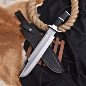 Handmade 16″ Stainless Steel “Predator” Inspired Bowie Knife – Custom Heavy-Duty Tactical Survival Knife with Black Micarta Finger-Groove Handle, Polished Stainless Steel Guard, and Premium Black Leather Sheath