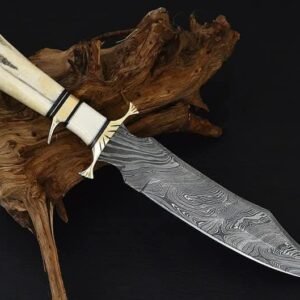 Handmade 16″ Damascus Steel Bowie Knife – Custom Exhibition-Grade Hunting Knife with Carved Camel Bone Handle, Polished Brass Sub-Hilt Guard, and Premium Leather Sheath