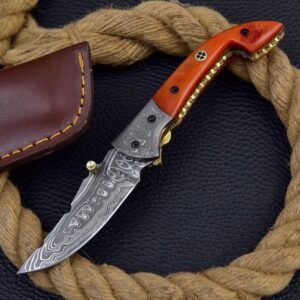 Handmade 7″ Damascus Steel Folding Knife – Custom Liner Lock Pocket Knife with Crimson-Dyed Camel Bone Handle, Matching Damascus Bolsters, and Premium Leather Sheath