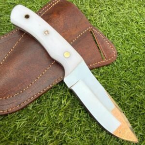 Handmade 8.5″ Stainless Steel Skinner Knife – Custom Fixed Blade Hunting Knife with White Pearl Resin Handle, Mosaic Pin, and Premium Leather Sheath