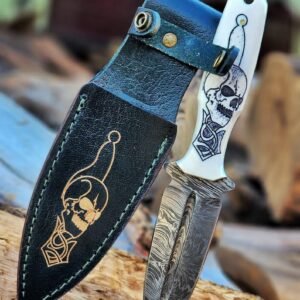 Handmade 10″ Damascus Steel Tactical Dagger – Custom Double-Edge Boot Knife with Scrimshaw-Style Skull Resin Handle and Engraved Premium Leather Sheath
