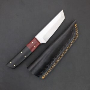Handmade 8″ Stainless Steel Tactical Tanto Knife – Custom Fixed Blade EDC Knife with Two-Tone Black and Crimson Micarta Handle and Premium Leather Sheath