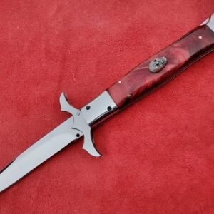 Handmade 9″ Stainless Steel Swing Guard Switchblade – Custom Automatic Pocket Knife with Pearl-Red Resin Handle, Skull Emblem Accent, and Mirror-Polished Bolsters