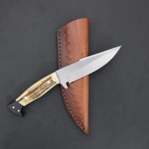 Handmade 8.5″ Stainless Steel Skinner Knife – Custom Fixed Blade Hunting Knife with Stag Antler and Buffalo Horn Hybrid Handle, Precision Guard, and Premium Leather Sheath