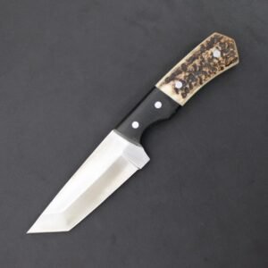 Handmade 7″ Stainless Steel Tactical Tanto Knife – Custom Fixed Blade EDC Knife with Stag Antler and Buffalo Horn Hybrid Handle, and Premium Tooled Leather Sheath